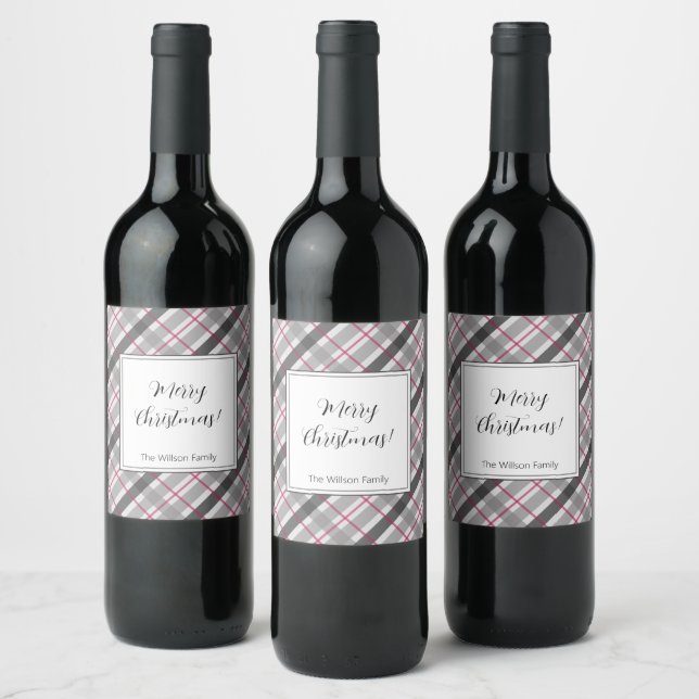 Tartan Balmoral Black Grey Burgundy Monogrammed Wine Label (Bottles)