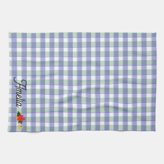 Tartan blue green simple wildflower pattern name tea towel