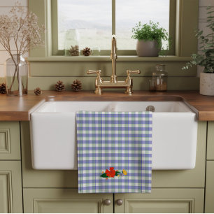 Tartan blue green simple wildflower pattern tea towel