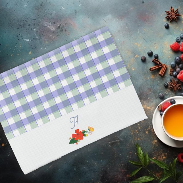 Tartan blue green wildflower pattern initial tea towel (Creator Uploaded)