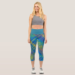 Tartan Blue Green Yellow Plaid Teal Waistband  Capri Leggings