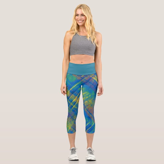 Tartan Blue Green Yellow Plaid Teal Waistband  Capri Leggings (Front)