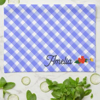 Tartan blue simple wildflower pattern name tea towel