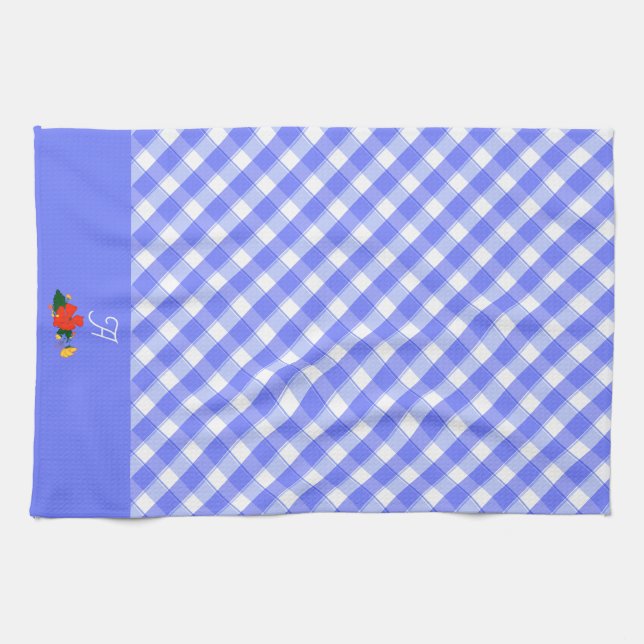 Tartan blue simple wildflower pattern  tea towel (Horizontal)