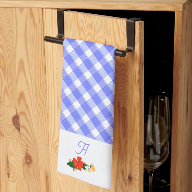 Tartan blue simple wildflower pattern  tea towel (Thirds Fold)