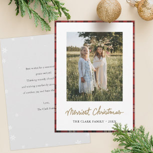 Tartan Border Snowflakes Merriest Christmas Holiday Card