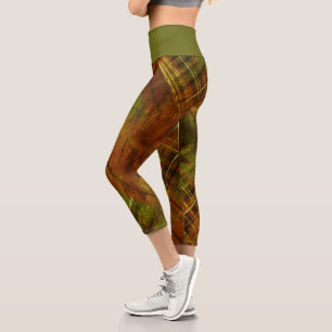 Tartan Brown Green Check Green Waistband Capri Leggings
