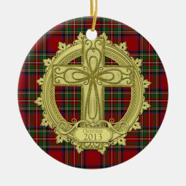 Tartan Celtic Cross Christmas Xmas Photo Template Ceramic Tree Decoration (Front)