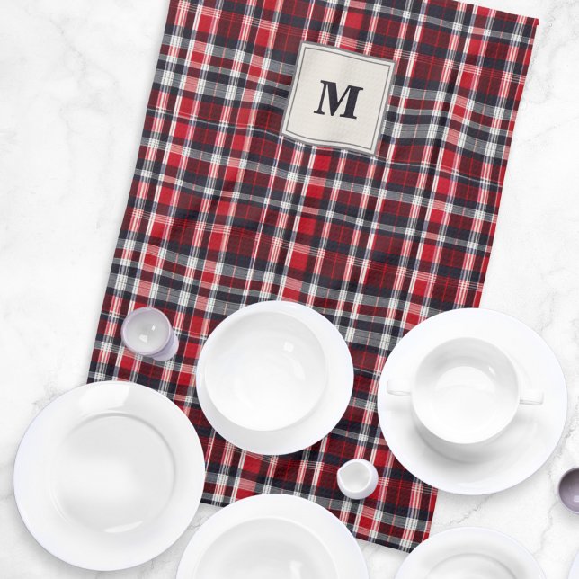 Tartan Check Elegant Patterned Stylish Monogrammed Tea Towel (A monogrammed kitchen tea towel with festive red plaid design)
