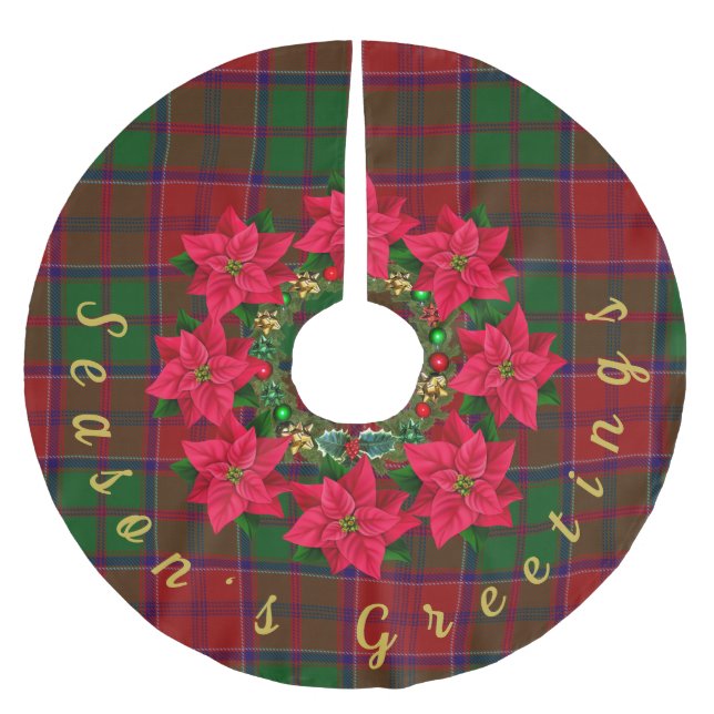 Tartan Christmas Season's Greeting Poinsettia Brushed Polyester Tree Skirt (Front)
