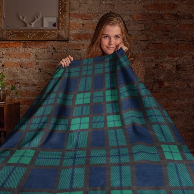 Tartan Clan Black Watch Plaid Blue Green Check Fleece Blanket (Rustic Plaid Blackwatch Tartan Fleece Blanket)