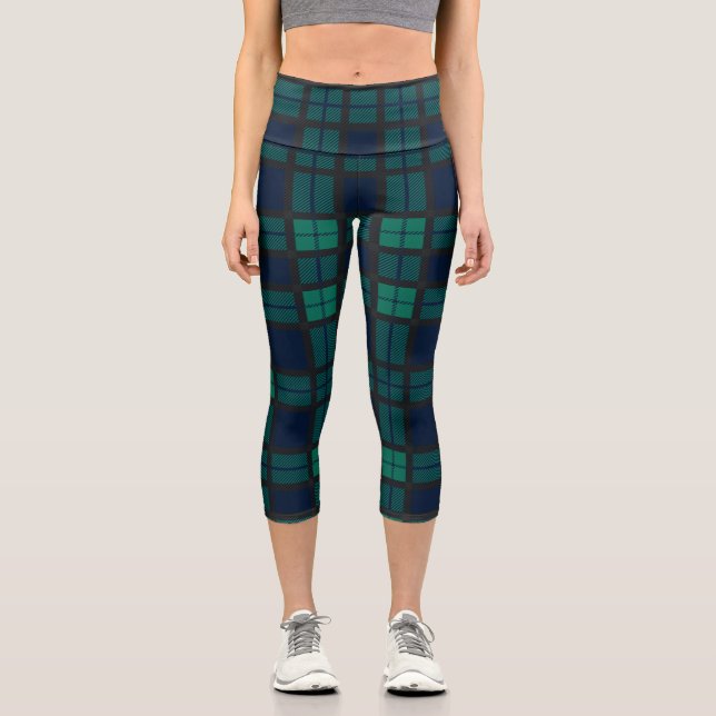 Tartan Clan Black Watch Plaid Blue Green Chequered Capri Leggings (Front)