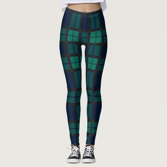 Tartan Clan Black Watch Plaid Blue Green Chequered Leggings (Front)