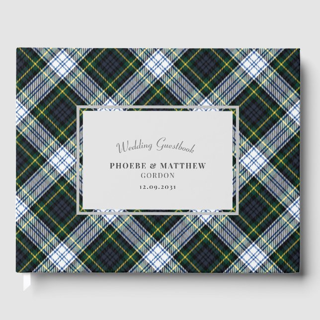 Tartan Clan Gordon Green White Chequered Wedding Guest Book (Front)