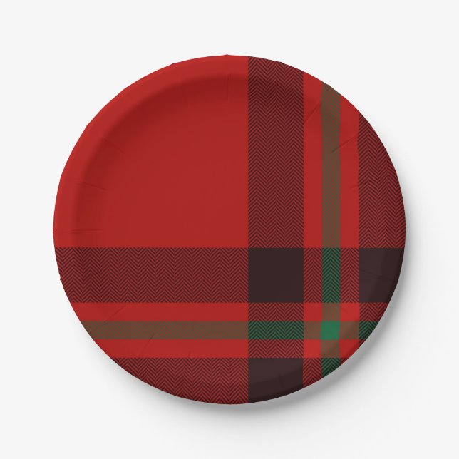 Tartan Clan Stewart Plaid Black Red Check Pattern  Paper Plate (Front)
