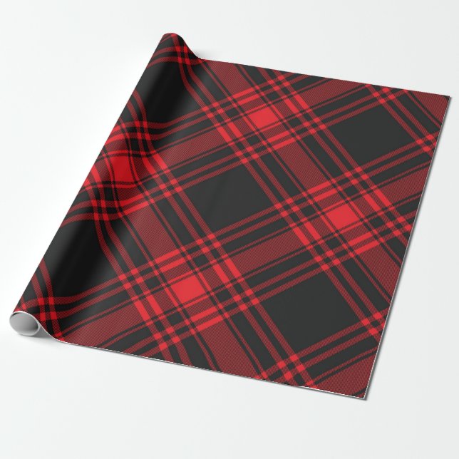 Tartan Clan Stewart Plaid Black Red Check Pattern  Wrapping Paper (Unrolled)