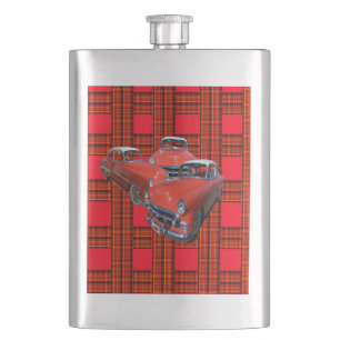 Tartan Classy Red And White Vintage Cars,   Hip Flask