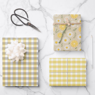 Tartan daisy lemon yellow beige set wrapping paper