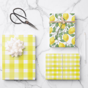 Tartan daisy lemon yellow green set wrapping paper