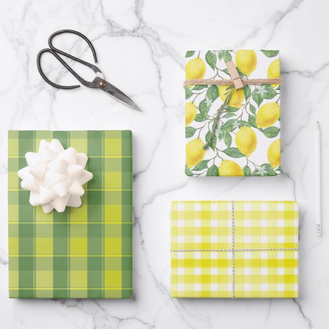 Tartan daisy lemon yellow green set wrapping paper (Front)