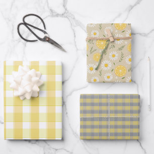 Tartan daisy lemon yellow grey set wrapping paper