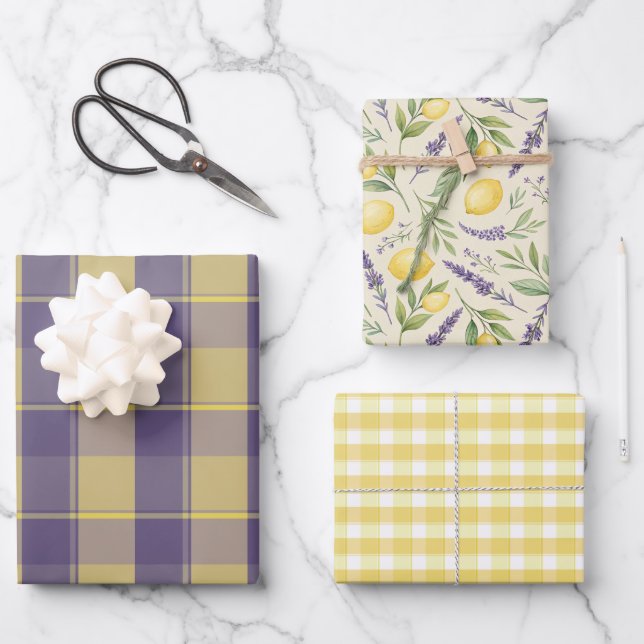 Tartan daisy lemon yellow lavender wrapping paper (Front)