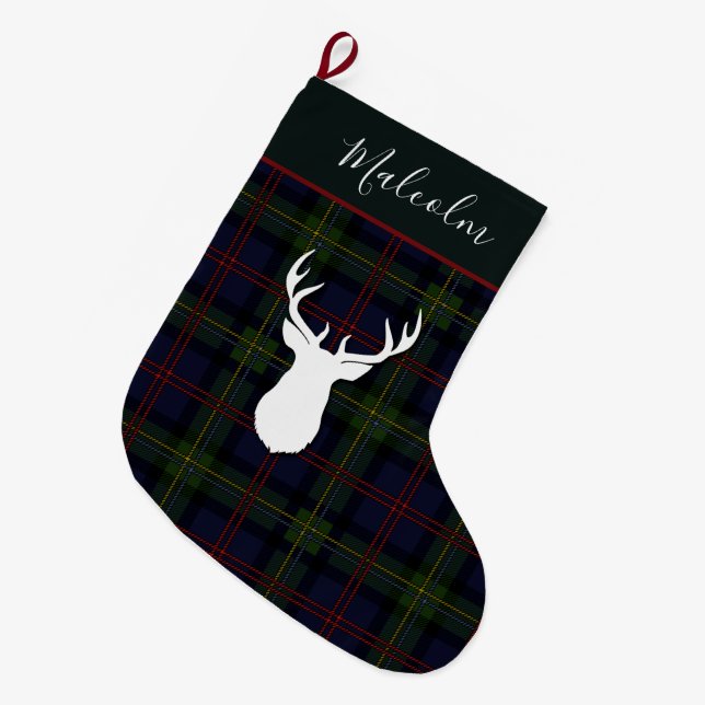 Tartan Deer Plaid Clan Malcolm Deer Custom Large Christmas Stocking (Front (Hanging))