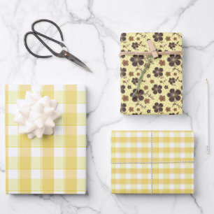 Tartan flower yellow brown set wrapping paper