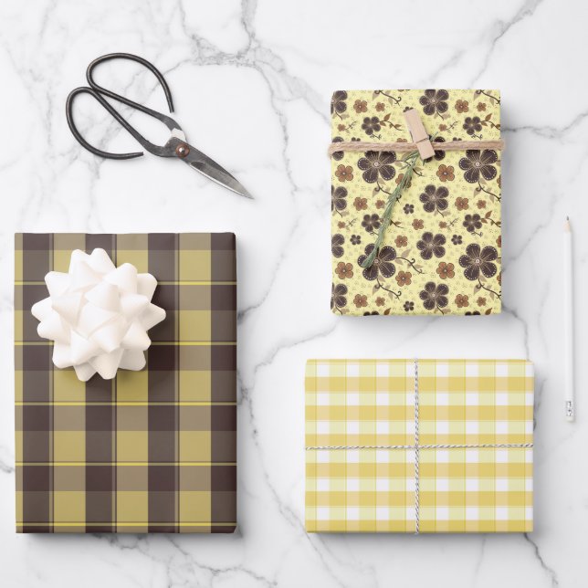 Tartan flower yellow brown set wrapping paper (Front)