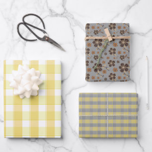 Tartan flower yellow grey set wrapping paper