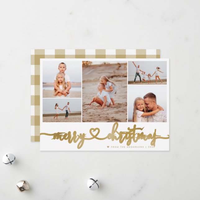 Tartan Gold Merry Christmas Script 5 Photo Collage Holiday Card (Front/Back In Situ)