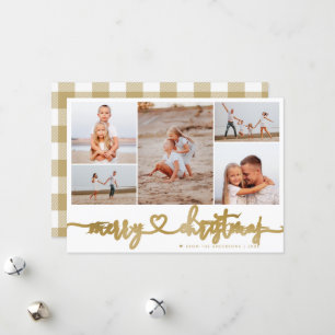 Tartan Gold Merry Christmas Script 5 Photo Collage Holiday Card