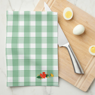 Tartan green simple wildflower pattern tea towel