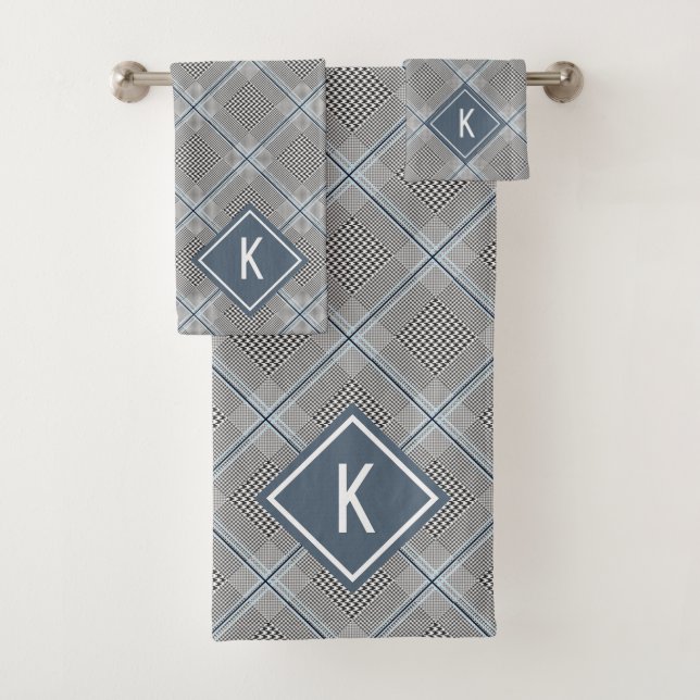 Tartan Grey Blue White, Monogrammed Bath Towel Set (Insitu)