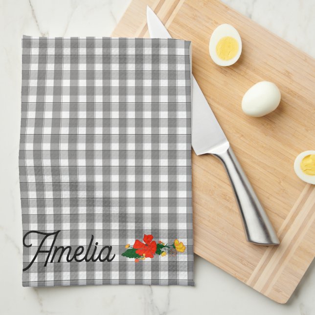 Tartan grey simple wildflower pattern  name tea towel (Quarter Fold)