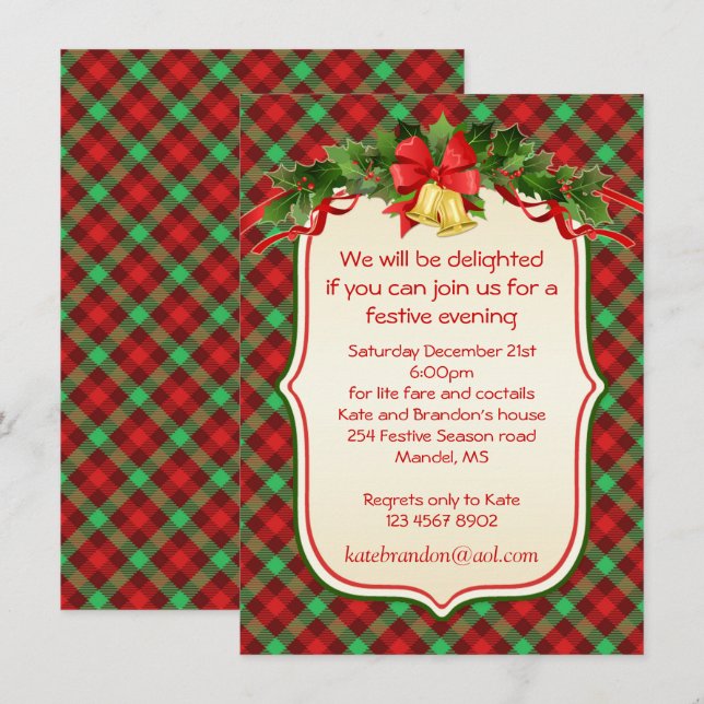 Tartan holly bells Christmas party Invitation (Front/Back)
