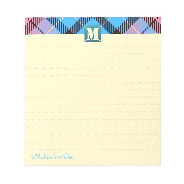 Tartan Leather Custom Script Monogram Cream Lined Notepad (Front)