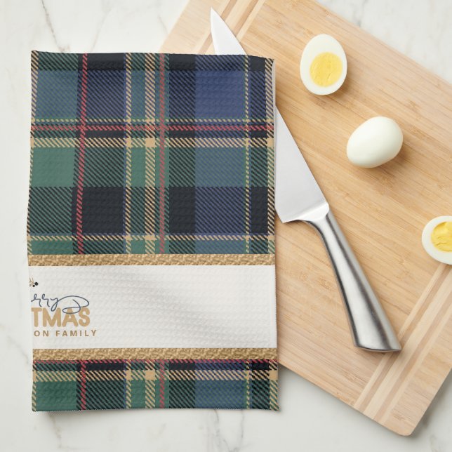 Tartan Merry Christmas Gold Frame ID1141B Tea Towel (Quarter Fold)
