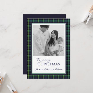 Tartan Navy Green Plaid Family Photo Christmas Card