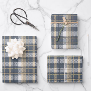 Tartan - Navy, Sand and Natural White Wrapping Paper Sheet