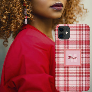 Tartan - Pastel Pink with Cerise and Maroon Red Ca iPhone 11 Case