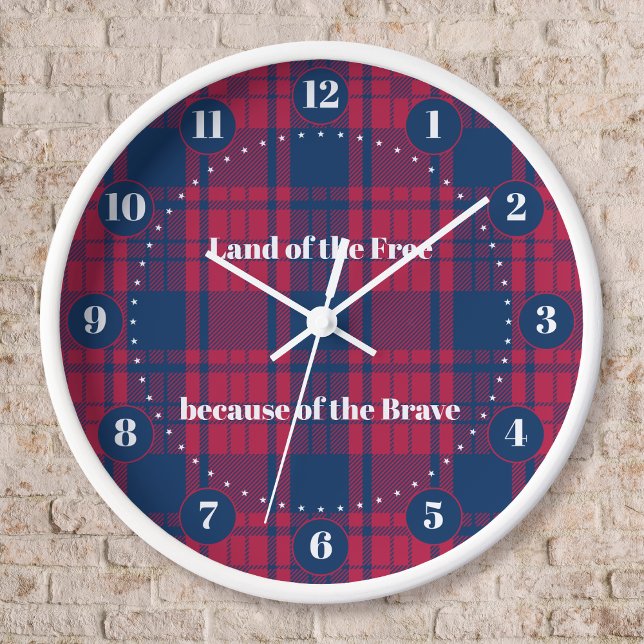 Tartan - Patriotic - Red Blue White Stars Clock (Patriotic Tartan with Stars Wall clock by Leapfroglisics Shop)