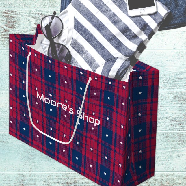 Tartan - Patriotic - Red Blue White Stars Large Gift Bag (Creator Uploaded)