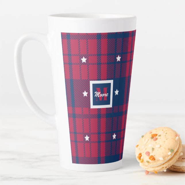 Tartan - Patriotic - Red Blue White Stars Latte Mug (In Situ)