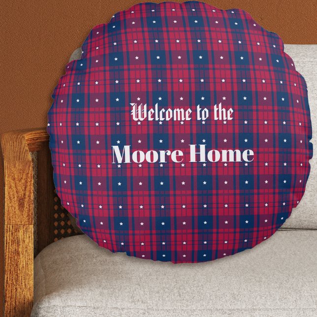 Tartan - Patriotic - Red Blue White Stars Round Cushion (Tartan Plaid - Patriotic - Red Blue White Stars Round Pillow by Leapfroglisics Shop)