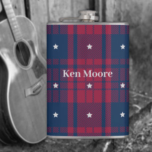 Tartan - Patriotic - Red Blue White Stars Vinyl  Hip Flask