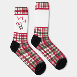 Tartan pattern and holly merry christmas socks