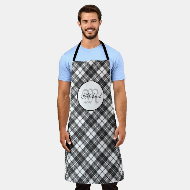 Tartan pattern Christmas black white Monogram Apron (Worn)