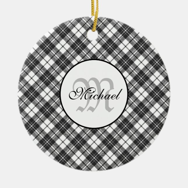 Tartan pattern Christmas black white Monogram Ceramic Tree Decoration (Front)