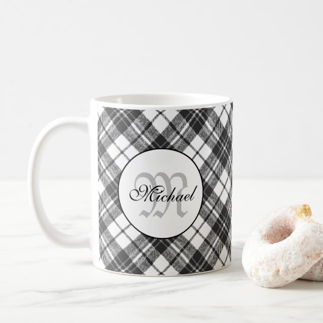 Tartan pattern Christmas black white Monogram Coffee Mug (With Donut)